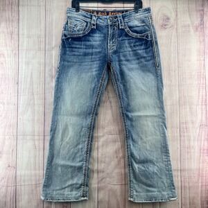 Rock Revival Ilford Boot Cut Jeans S31 Blue Distressed‎ Medium Wash Flap Pockets